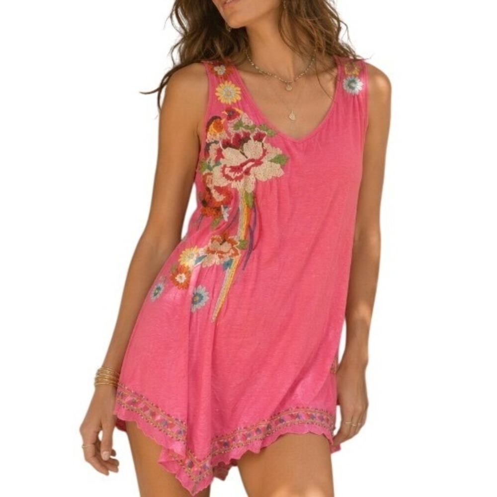 Johnny Was JWLA Embroidered Floral Parrot Pink Tunic Tank Top Small Boho Y2K Lux
